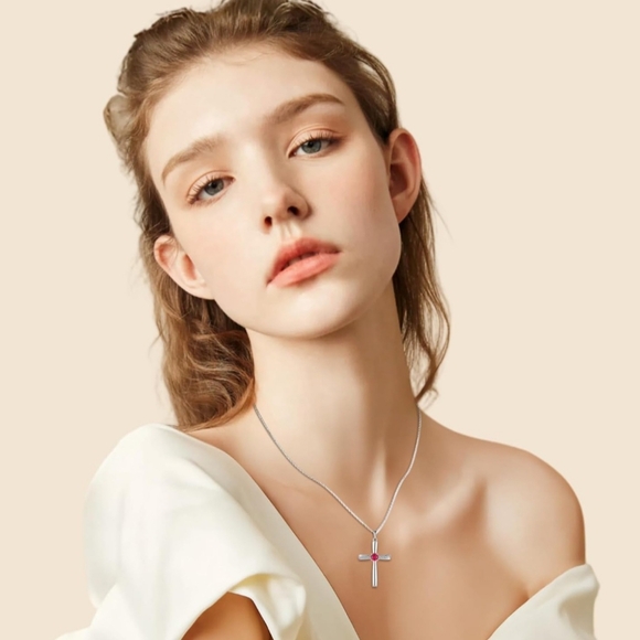 925 Sterling Silver Ruby Cross Necklace - Picture 5 of 5